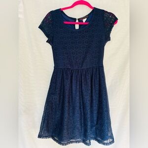 Myth knee length Lacey lined dress/junior size medium/ dark blue/made in the USA
